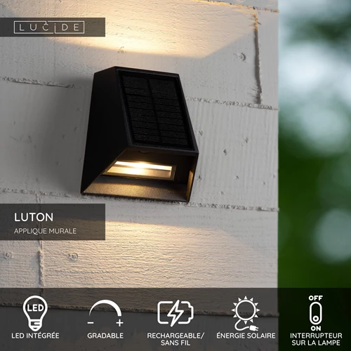 Lucide LUTON - Applique murale- Énergie Solaire - LED Dim. - 1x1W 2850K/3150K - IP54- Détecteur De Mouvement & Jour/Nuit - Noir - USP
